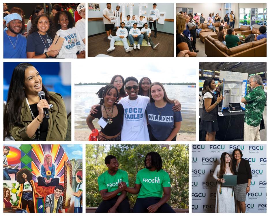 A photo collage of 9 photos highlighting scenes of FGCU students participating in group experiences provided through “The Leadership Experience.” 