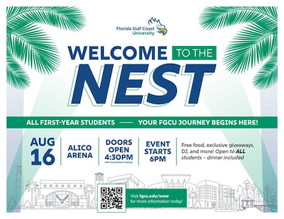 Welcome to the Nest flyer. Event takes place August 16 at Alico Arena. Doors open at 4:30 p.m. and the event begins at 6 p.m.