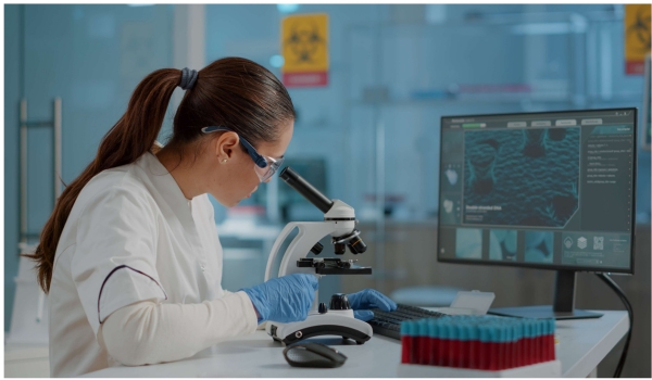 student in front of microscope doing research