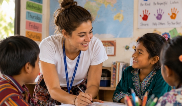 student teacher helping young children at table