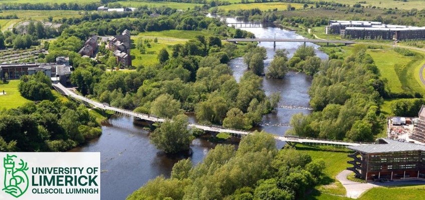This picture shows the green and vibrant campus of the University of Limerick in Limerick, Ireland.