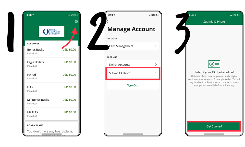Three steps to upload an ID photo in the eAccounts app.