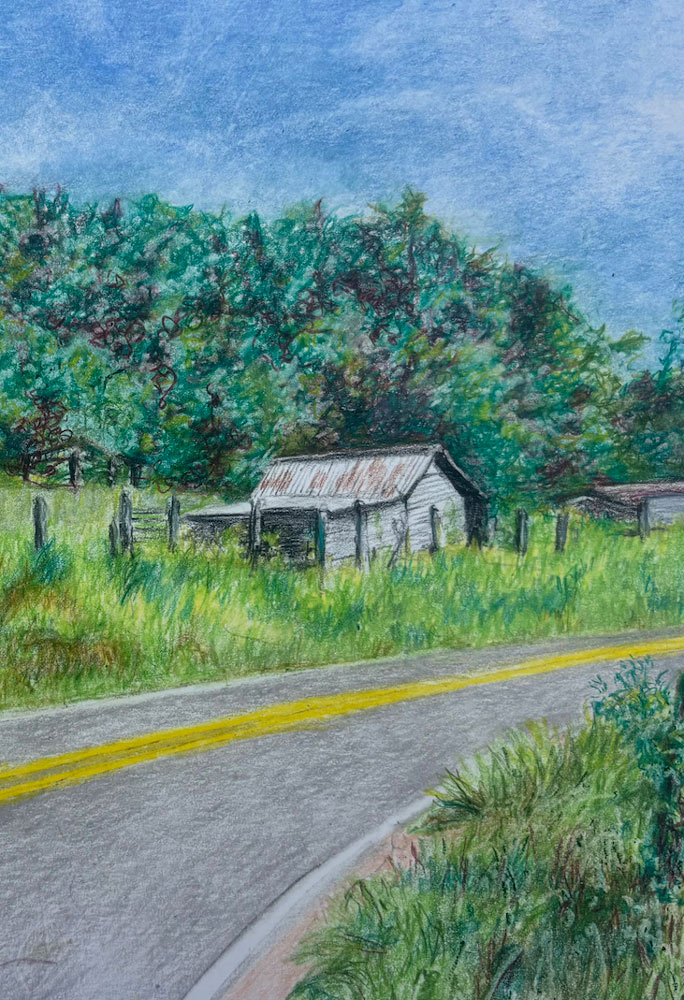 Detail: Donne Hutcheson, "Road Trip", 2026. Colored pencil, 9 x 12 in. Detail: Donne Hutcheson, "Road Trip", 2026. Colored pencil, 9 x 12 in.