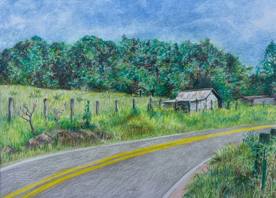 Donne Hutcheson. Road Trip, 2026. Colored pencil, 9 x 12 in.. Donne Hutcheson. Road Trip, 2026. Colored pencil, 9 x 12 in..