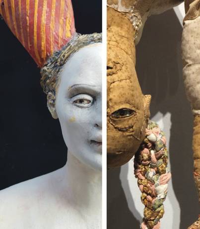 Left to right: Barbara Balzer, "Les Diplomats" (detail), 2017, Ceramic, 20 x 18 x 14 in., Linda Hall, "Sometimes the Earth is Sky" (detail), 2016, Fabric, 7 x 3 x 3 ft