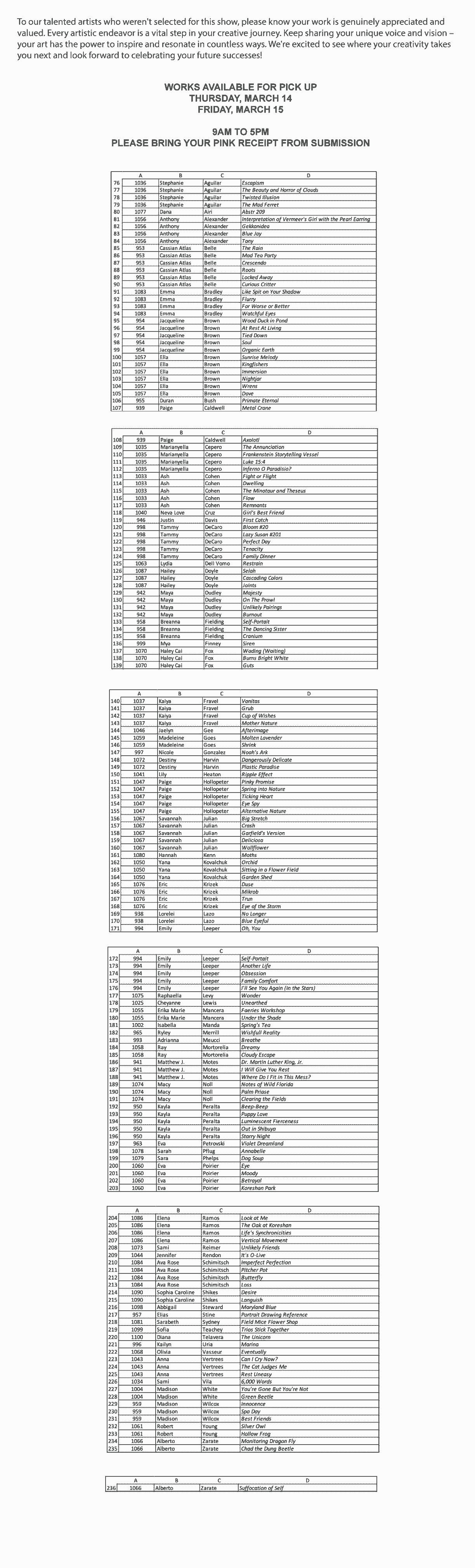 List of works not juried into 2024 student show