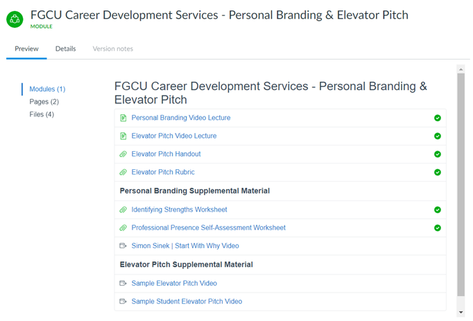FGCU Career Development Services - Personal Branding & Elevator Pitch Webpage
