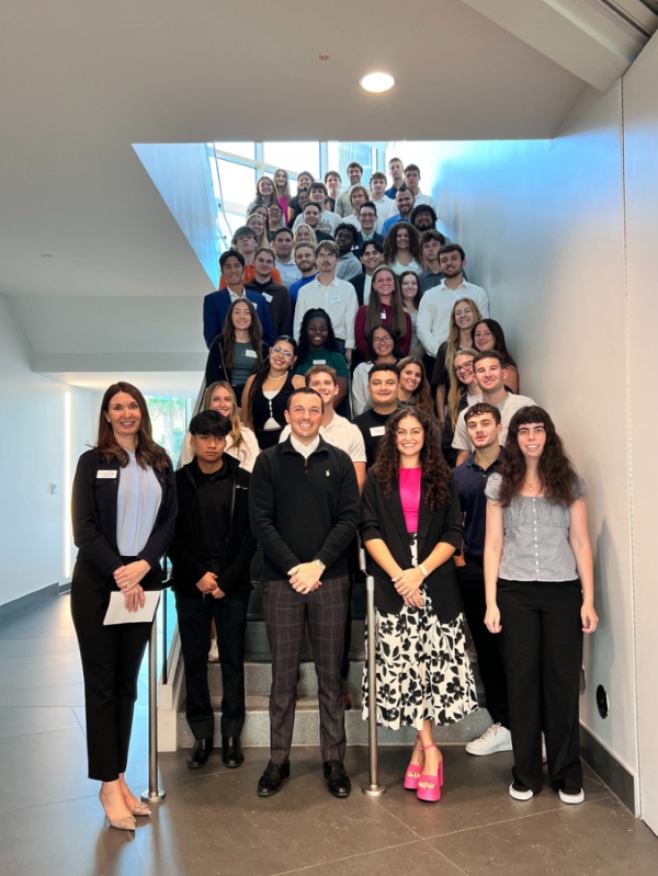 Fall 2025 business student cohort at the Lutgert College of Business Mentorship Program orientation.