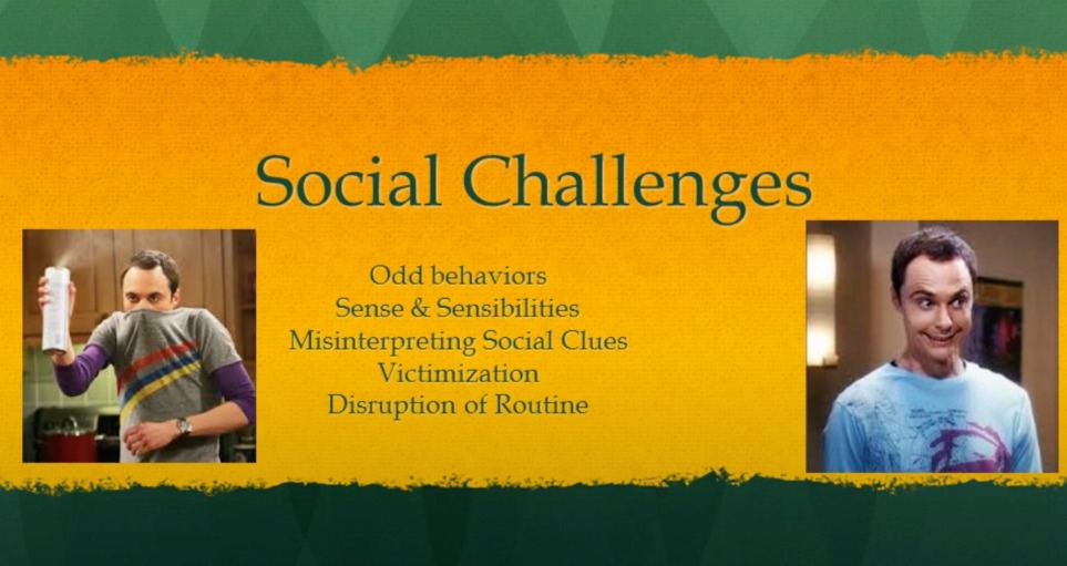 Aspergers on Campus video Thumbnail. Social Challenges: Odd behaviors, sense and Sensibilities, Misinterpreting social cues, victimization, disruption of routine. 