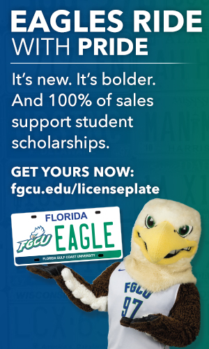 Eagles ride with pride. It's new. It's bolder. And 100% of sales support student scholarships. Get yours now at fgcu.edu/licenseplate
