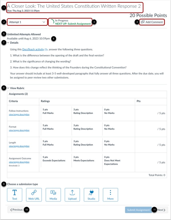 Student view of Assignment Enhancements interface
