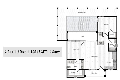 Cottage 2 Bed 2 Bath 1 Story Floorplan