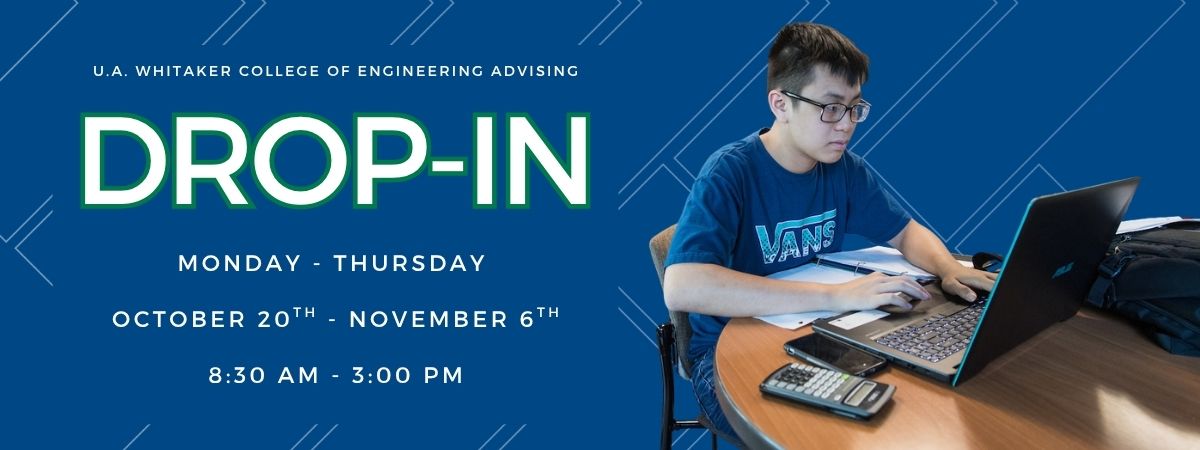 A flyer advertising the drop-in advising is available Monday-Thrusday at 8:30 AM until 3:00 PM during the priority registration window (October 20 - November6)