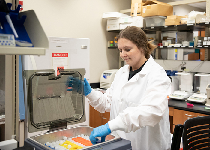 A student in a lab coat looks at test tubes