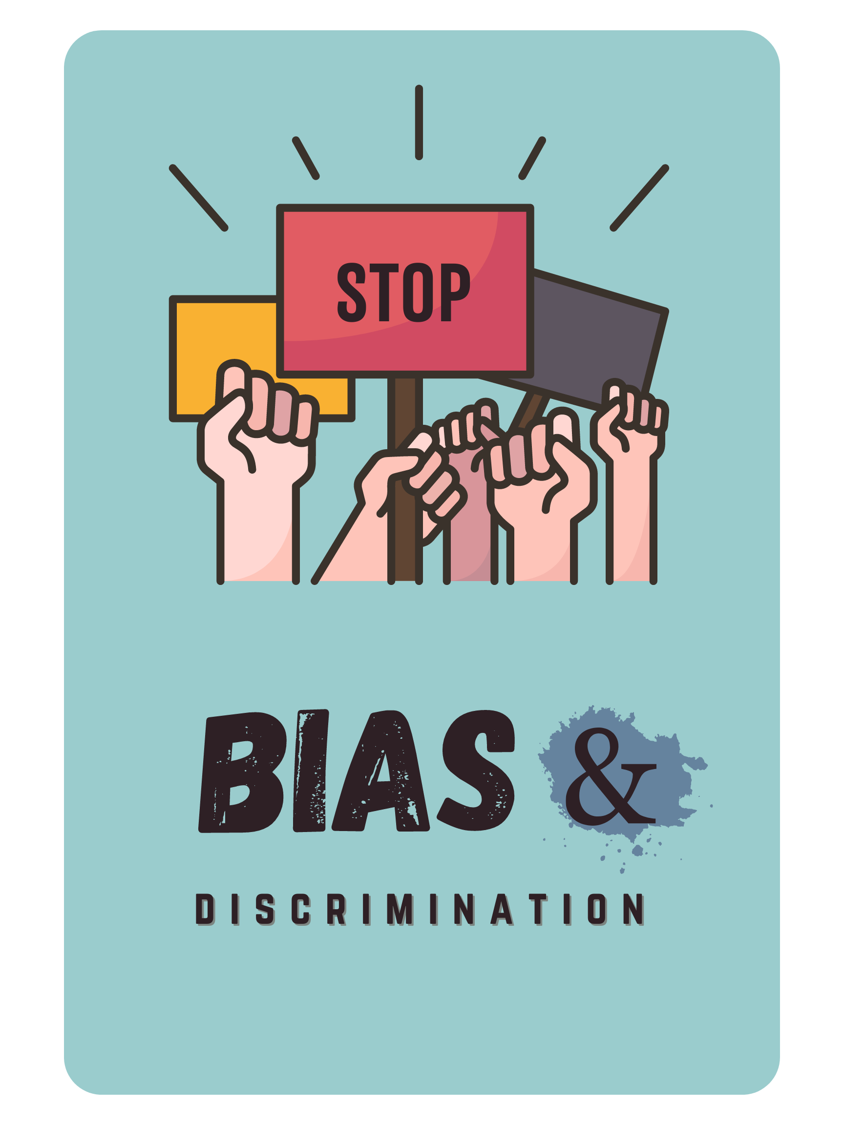 hands holding up signs saying "stop" with the text "bias and discrimination" below the hands