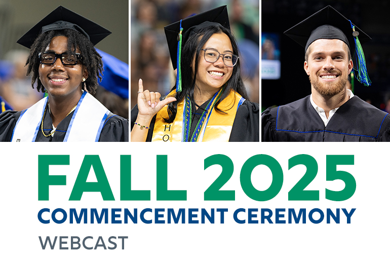 Three graduates wearing caps and gowns with honor cords and stoles, standing side by side. Below them, large text reads ‘Fall 2025 Commencement Ceremony’ in green and blue, with the word ‘Webcast’ underneath.