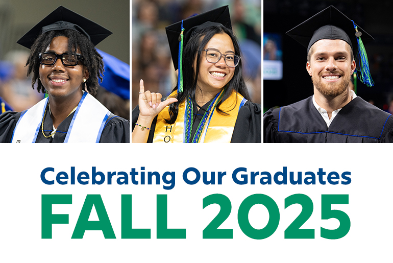 Three graduates wearing caps and gowns are shown in separate panels, each dressed in academic regalia with stoles and tassels. Below the images, bold text reads: “Celebrating Our Graduates FALL 2025” in blue and green lettering.