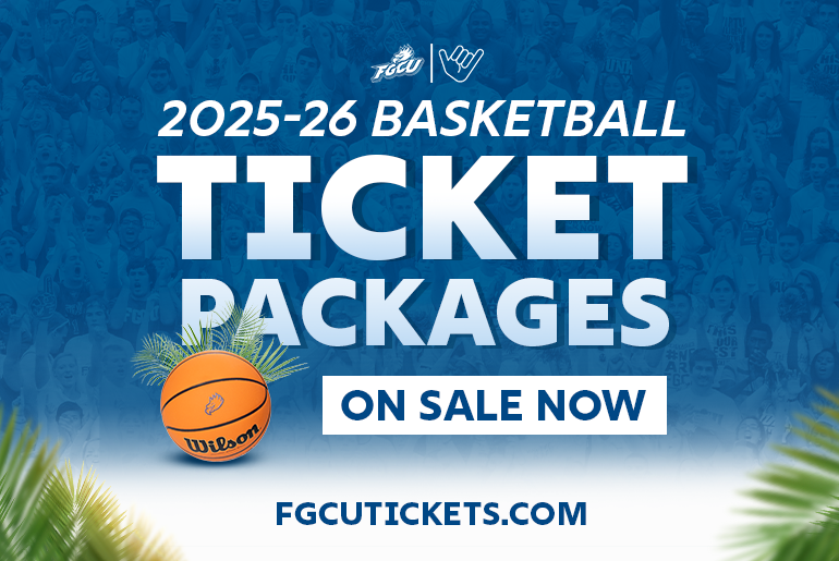 Promotional graphic for FGCU’s 2025–26 basketball season ticket packages. The FGCU logo and hand gesture appear at the top. Bold white text reads “2025–26 Basketball Ticket Packages On Sale Now” over a faded crowd background. A Wilson basketball sits among green palm fronds, evoking a tropical Florida vibe. The website “FGCUTICKETS.COM” is displayed at the bottom.