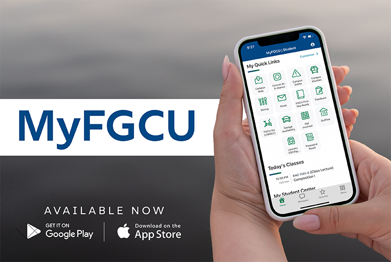 hand holding phone displaying MyFGCU app