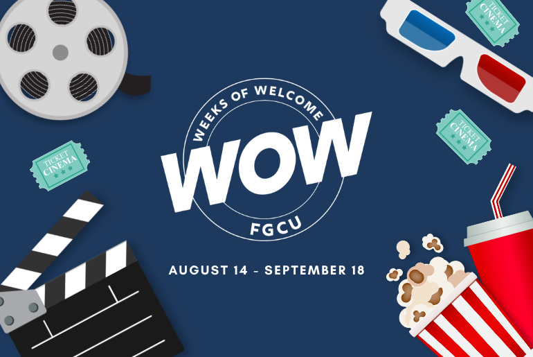FGCU Weeks of Welcome graphic with film-themed decorations and event dates.