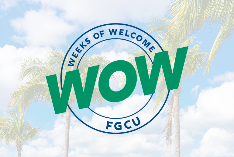 Promotional graphic for Florida Gulf Coast University's "Weeks of Welcome" event, featuring bold green "WOW" letters centered within a circular emblem. The top of the circle reads "Weeks of Welcome" and the bottom reads "FGCU." The background shows a sunny sky with scattered clouds and palm trees, evoking a tropical campus atmosphere.