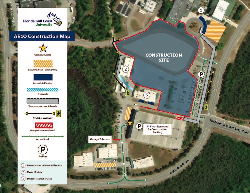 The academic building 10 construction map illustrates parking, crosswalks, walkways and sidewalk locations, as well as closed garage entrances.