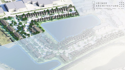 Architectural rendering of the FGCU housing site once phase 1 is completed. It shows a proposed residential community with rows of townhomes and cottage-style homes, landscaped green spaces, and tree-lined streets surrounding a large central water feature. Additional housing areas and structures are illustrated in lighter tones to indicate future development. 
