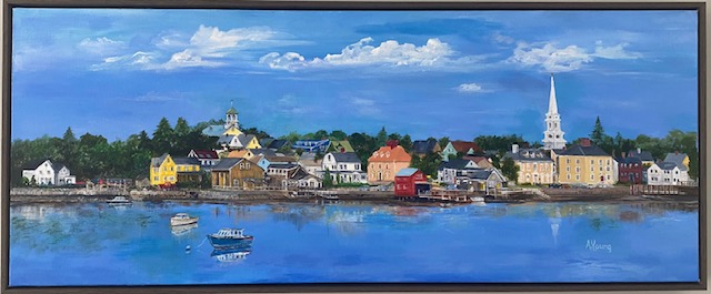 A vibrant painting of a coastal town featuring colorful waterfront buildings, including a prominent white church with a tall steeple. Several boats float on calm blue water that reflects the buildings and sky. The town is surrounded by lush green trees under a bright blue sky with scattered clouds.  