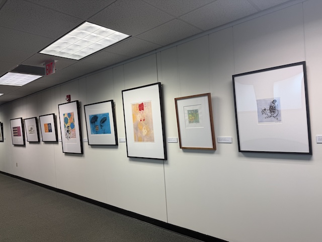  A row of framed artworks hangs along a white gallery wall in a well‑lit hallway. The pieces vary in size, style and color, including abstract designs and bright illustrations.