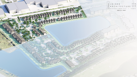 Rendering highlights Phase One of FGCU’s proposed workforce housing project. Phase One is shown on the left side of the rendering and illustrates an aerial view of the layout of the villa-style homes and townhome units. Trees can be seen in front of the homes as well as commercial buildings to the north of the housing units. Not highlighted, the right side of the rendering illustrates the remainder of the housing units and a lake.  