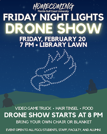 Flyer for Florida Gulf Coast University Homecoming event titled “Friday Night Lights Drone Show.” The background shows a night sky with stars and an illuminated drone formation creating the shape of the FGCU eagle logo above a grassy lawn with silhouettes of people sitting and watching. Event details read:  Friday, February 20, 7 PM – Library Lawn Activities listed: Video Game Truck, Hair Tinsel, Food Drone show starts at 8 PM Bring your own chair or blanket Event is open to all FGCU students, staff, faculty, and alumni.