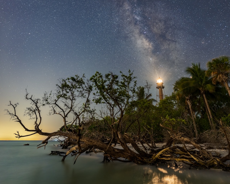 A coastal scene at night with the Sanibel Lighthouse in the background. The sky is clear and filled with stars, including the Milky Way galaxy prominently visible. In the foreground, the mangroves are along the shoreline, with some branches extending over the water. The lighthouse is illuminated, casting light into the night sky. 