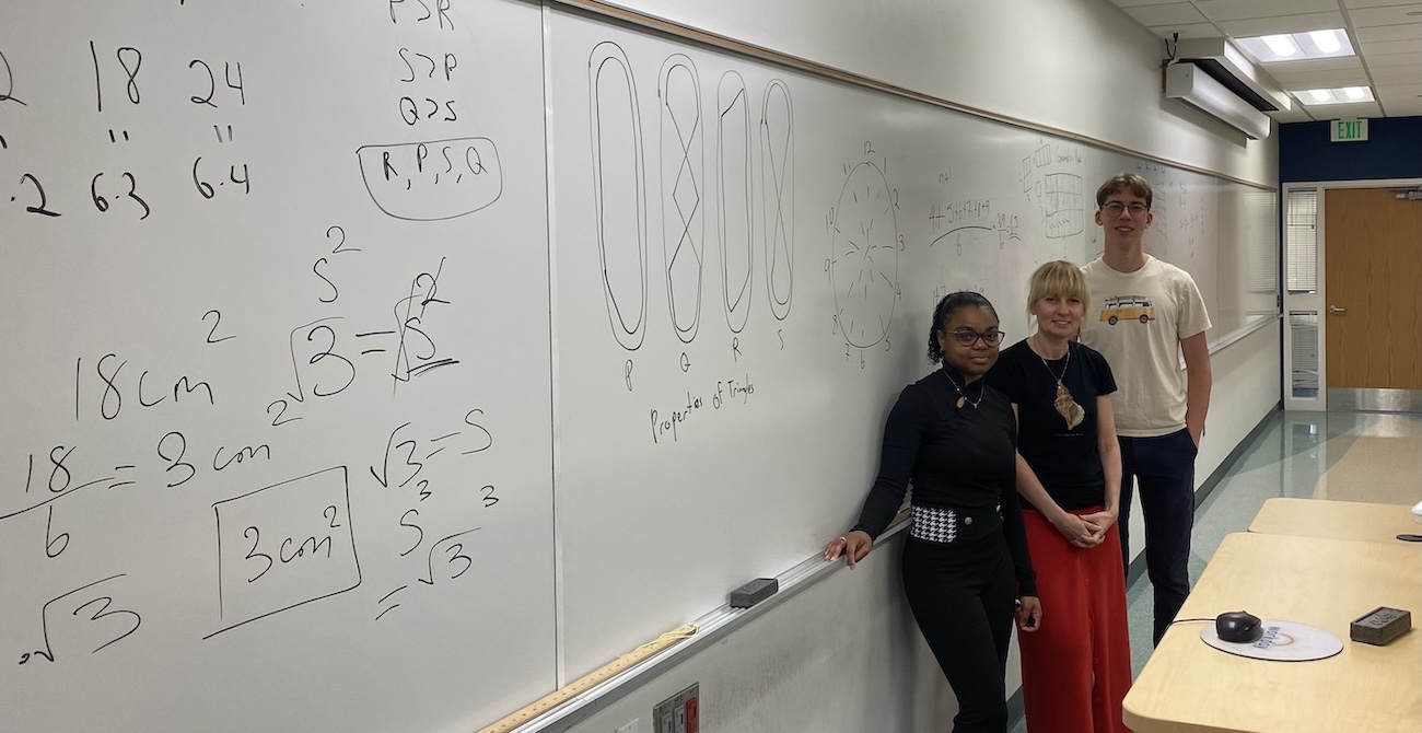 Three individuals standing in front of a whiteboard in a classroom setting. The whiteboard displays various mathematical equations and diagrams. The person on the left wears a black long-sleeved top and black pants with a silver belt. The person in the middle wears a black t-shirt and a red skirt. The person on the right wears a white graphic t-shirt and dark pants.