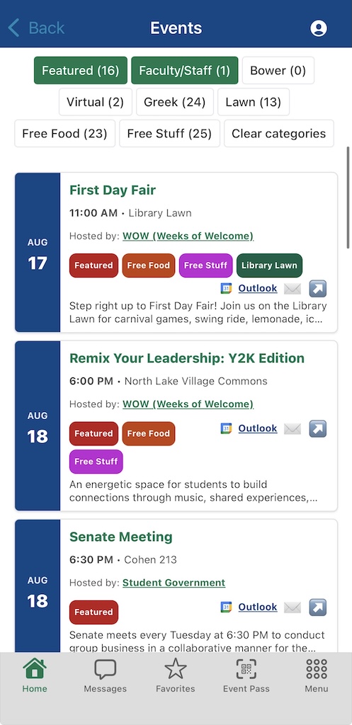 Screenshot of MyFGCU app view, displaying featured and faculty/staff events for August 18 and 19.