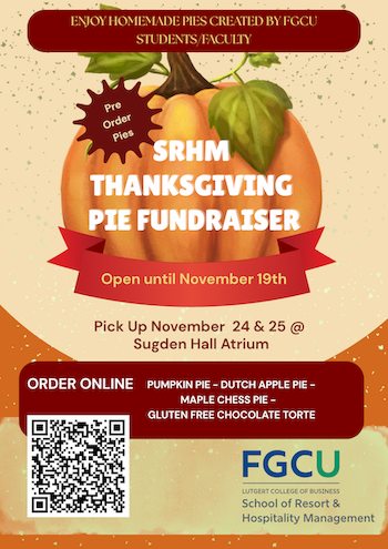 Flyer for SRHM Thanksgiving Pie Fundraiser. Pre-order pies by Nov 19; pickup Nov 24–25 at Sugden Hall Atrium. Pie selection includes pumpkin pie, ditch apple pie, maple chess pie and gluten free chocolate pie. Order at tinyurl.com/pies-srhm. 