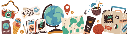 A colorful illustration featuring various travel-related items. These include a camera with a strap, a passport, an airplane ticket, an open book with leaves on the pages, a globe on a stand, location markers, coins, maps with dotted paths and location pins, sunscreen labeled "SPF 50," an anchor symbol next to a drink in a coconut shell with an umbrella and straw, seashells, and a suitcase adorned with travel stickers. 