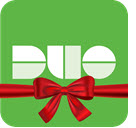Duo logo with a red bow over it