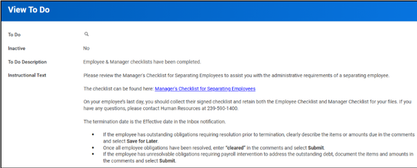 Screenshot of a task management interface titled "View To Do" showing instructions for completing employee and manager checklists related to employee separation. Key details include a link to the Manager's Checklist for Separating Employees, steps for collecting signed checklists on an employee's last day, and guidelines for documenting outstanding obligations before submitting.