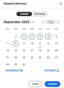 Screenshot of the Request Absence micro calendar in Workday