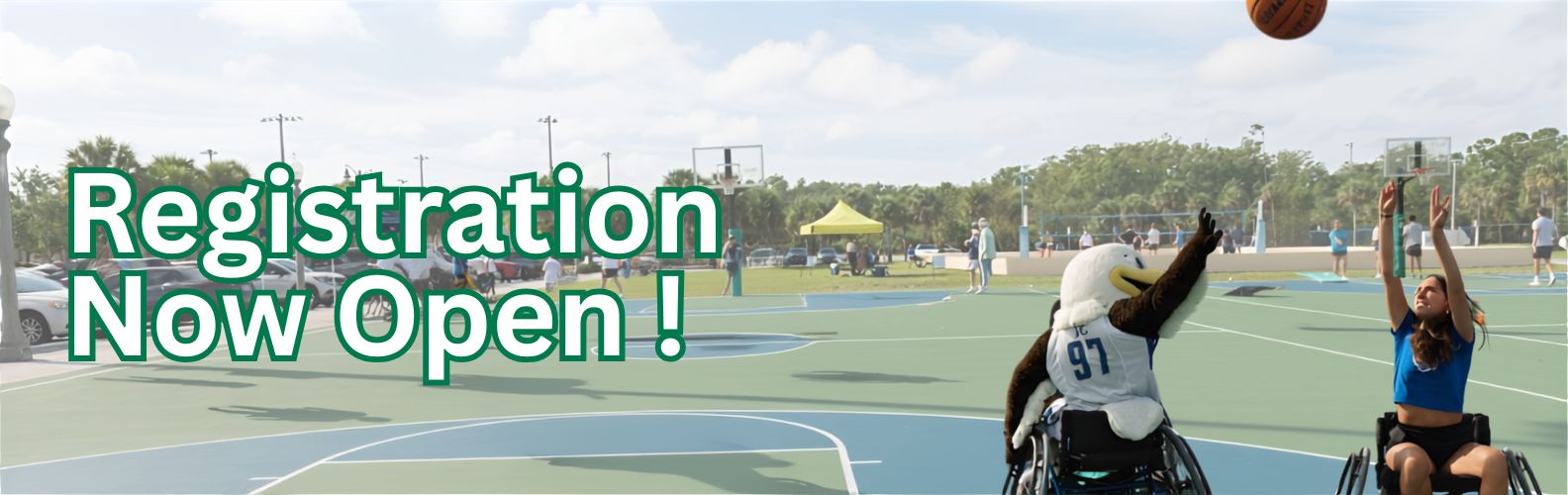 Registration Open Image of students and FGCU GIDDI azul playing wheelchair basketball on Adaptive Sports and recreation Day