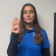 FGCU GIDDI employee signing B Keep your fingers straight and pointing up, touching each other. Fold your thumb across your palm.