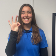 Image of FGCU GIDDI stagg signing F Touch the tips of your index finger and thumb together to form a circle. Keep your other three fingers straight and spread apart.