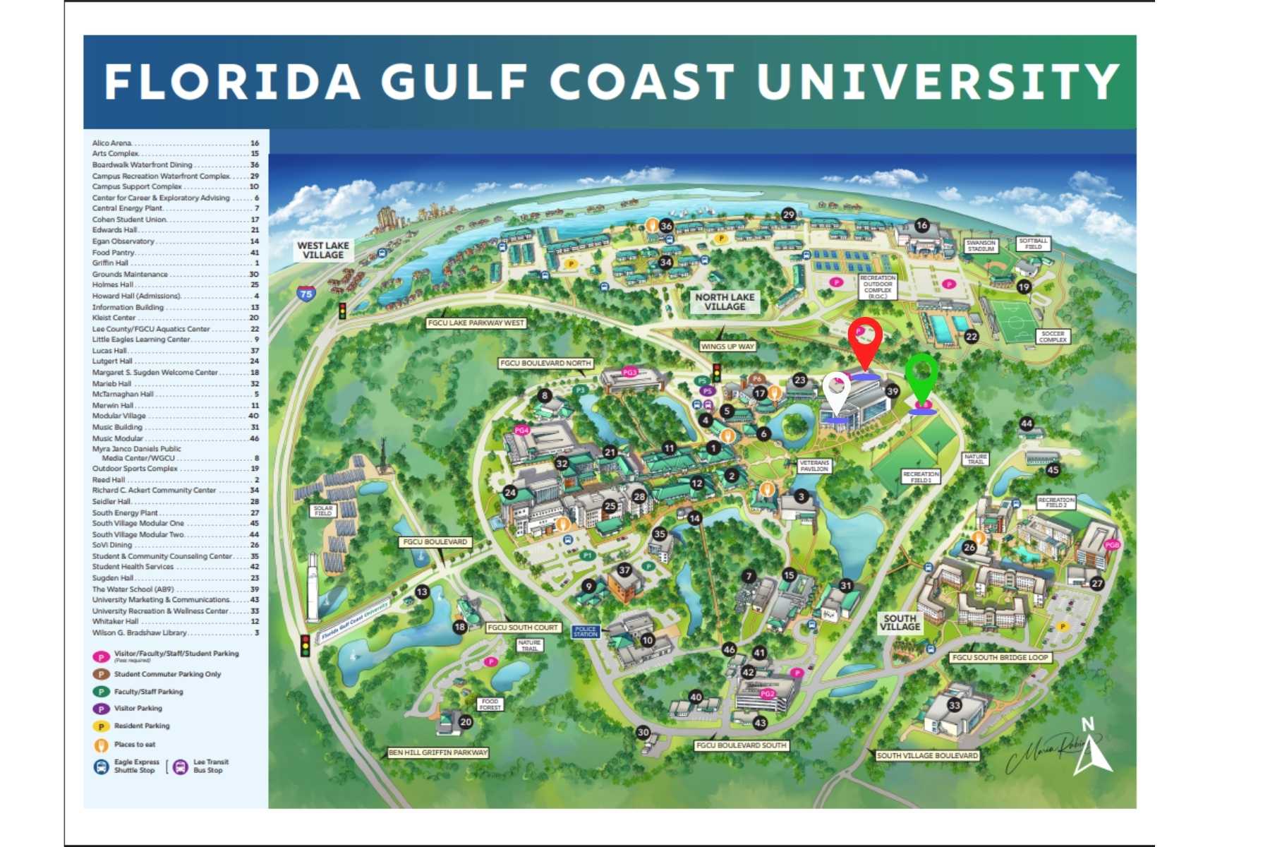 Map of FGCU Parking with instructions