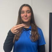 FGCU GIDDI employee signing H Point your index and middle fingers forward, keeping them together. Curl your other fingers and rest your thumb on your ring finger. Palm faces sideways.