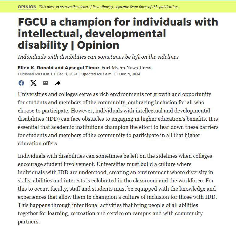 Image of News Press Article on FGCU GIDDI : FGCU a champion for individuals with intellectual, developmental disability | Opinion