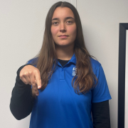 Image of FGCU GIDDI employee signing P Point your index and middle fingers downward, spread apart. Rest your thumb between them, touching the first knuckle of your middle finger.