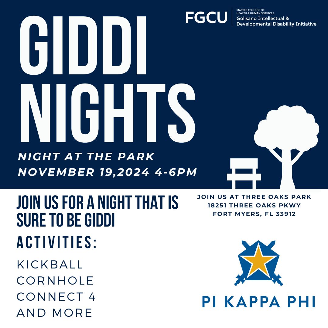 Image of flyer for GIDDI Nights PIKAPPAPHI collaboration at Three Oaks Park 18251 Three Oaks Pkwy Fort Myers, FL 33912, The event offers kickball, connect 4, cornhole , and more! The theme for the GIDDI Night is Night at the Park 4-6pm