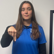 FGCU GIDDI employees signing q Make a "G" handshape, but point your index finger and thumb downward.