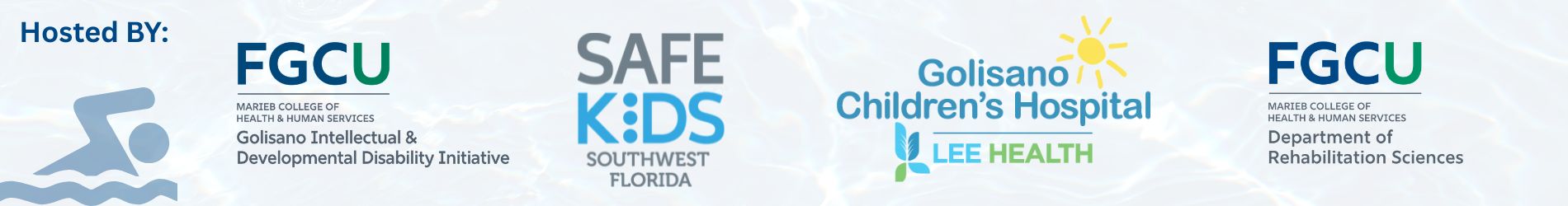 Image of collaborating event banner- Safe Kids, Golisano Childrens Hospital , FGCU GIDDI and FGCU Rehabilitation Sciences