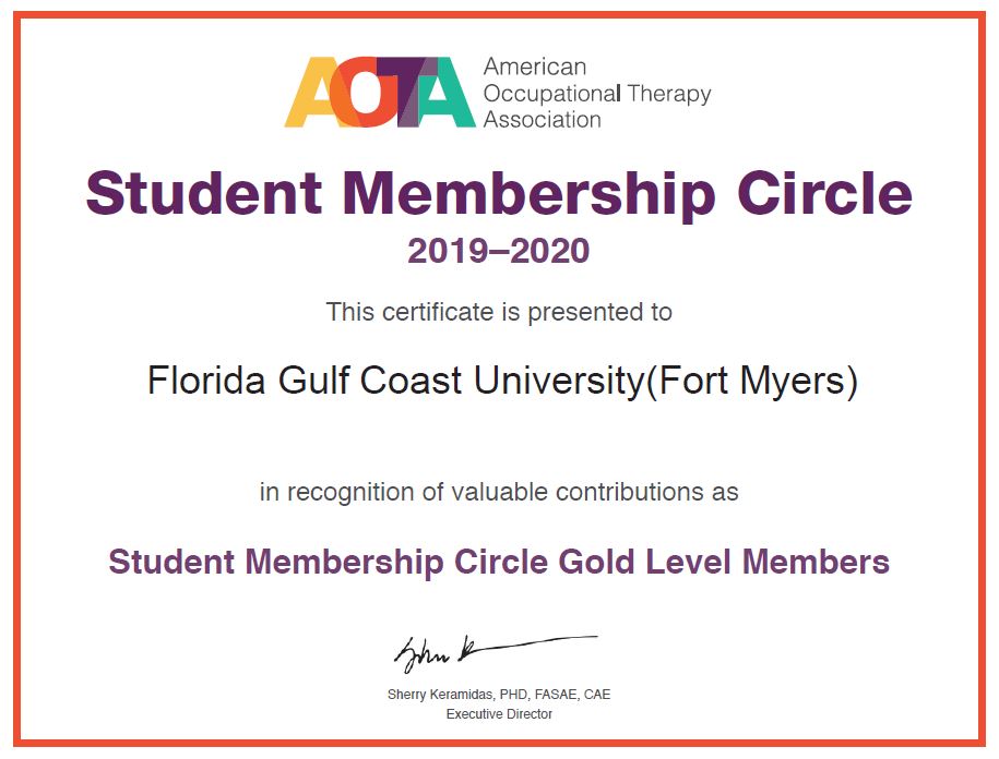 Gold Level AOTA Student Membership Circle Certificate